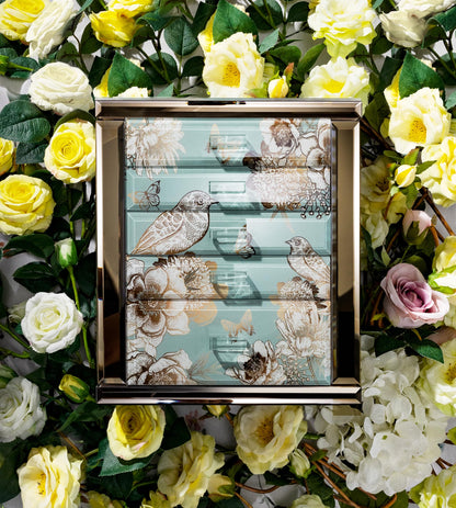 Homruilink High End Glass Jewelry Box, 5 Layer Jewelry Organizer for Women, Side Doors & Mirror, Velvet-Lined Storage for Rings & Necklaces, Ideal Gift (Bird & Floral)