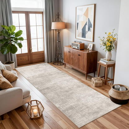 **Hallway Washable Runner Rug - Abstract Stain Resistant Design | Soft Non-Slip Indoor Carpet (2x8, Beige/Cream)**