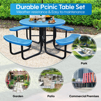 Sunnibety 8-Person Picnic Tables for Outdoors, Industrial 46" Expanded Metal Round Picnic Table with 4 Benches & Umbrella Hole, Outside Table and Bench Set for Park, Garden, Backyard, Patio, Blue