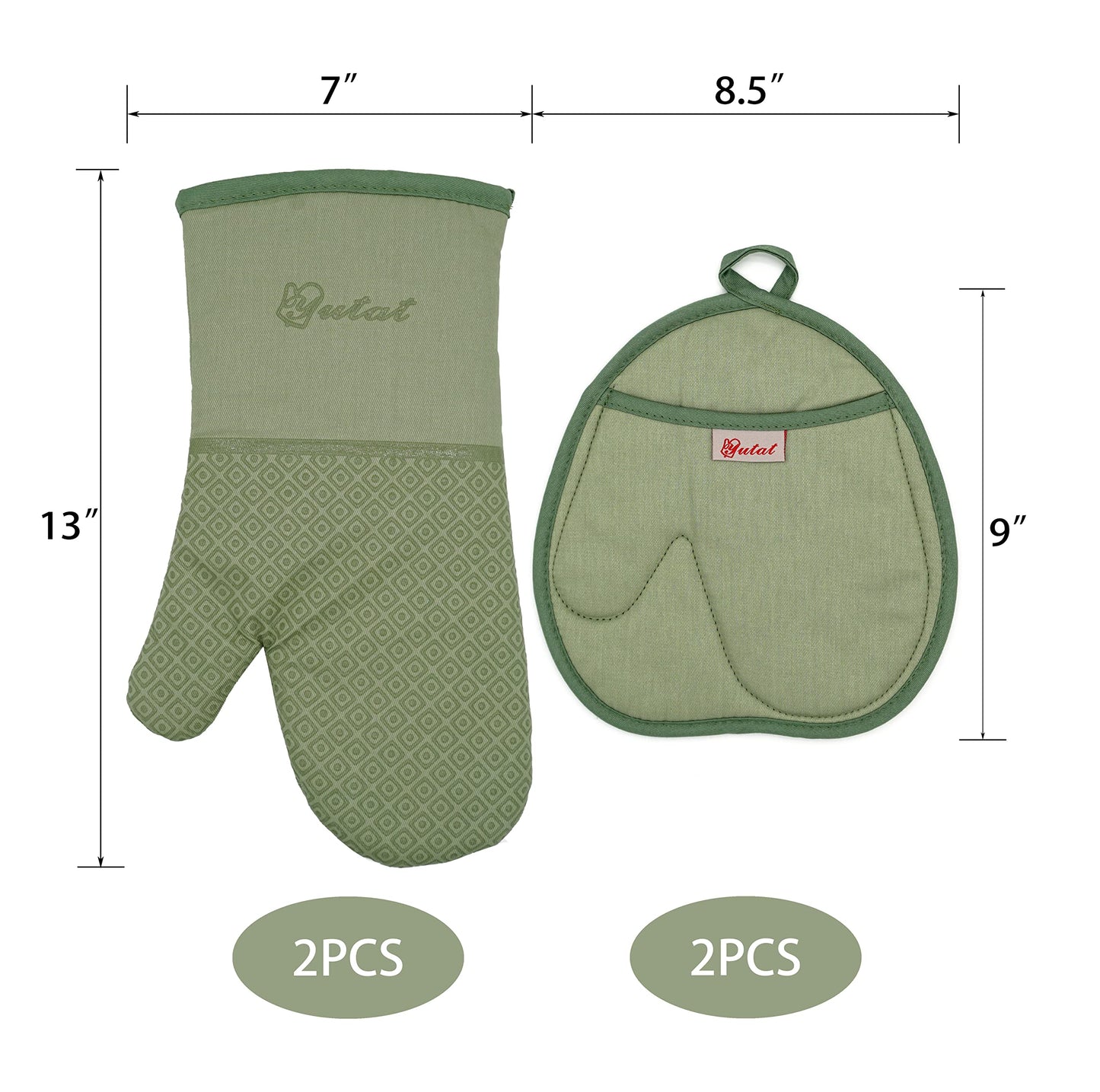 Yutat Silicone Oven Mitts - Oven Mitts and Pot Holders Sets Made of Non-Slip & BPA-Free Silicone, High Heat Resistant 500 Degrees, Perfect for Kitchen Cooking Baking BBQ, 4Pcs Set, Peak Green