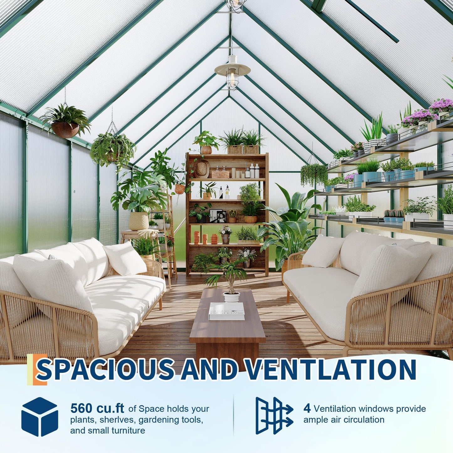 Polycarbonate Greenhouse for Outdoors, Large Walk-InGreenhouse with Quick Setup Structure and Roof Vent, Greenhouse with Ventilation