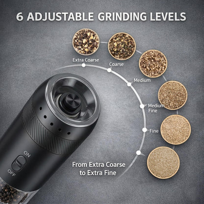 FAMAWO Gravity Electric Salt and Pepper Grinder Set, Rechargeable Automatic Mills with Charging Base, 6-Level Adjustable Coarseness, LED Light, Matte Black, 2-Pack