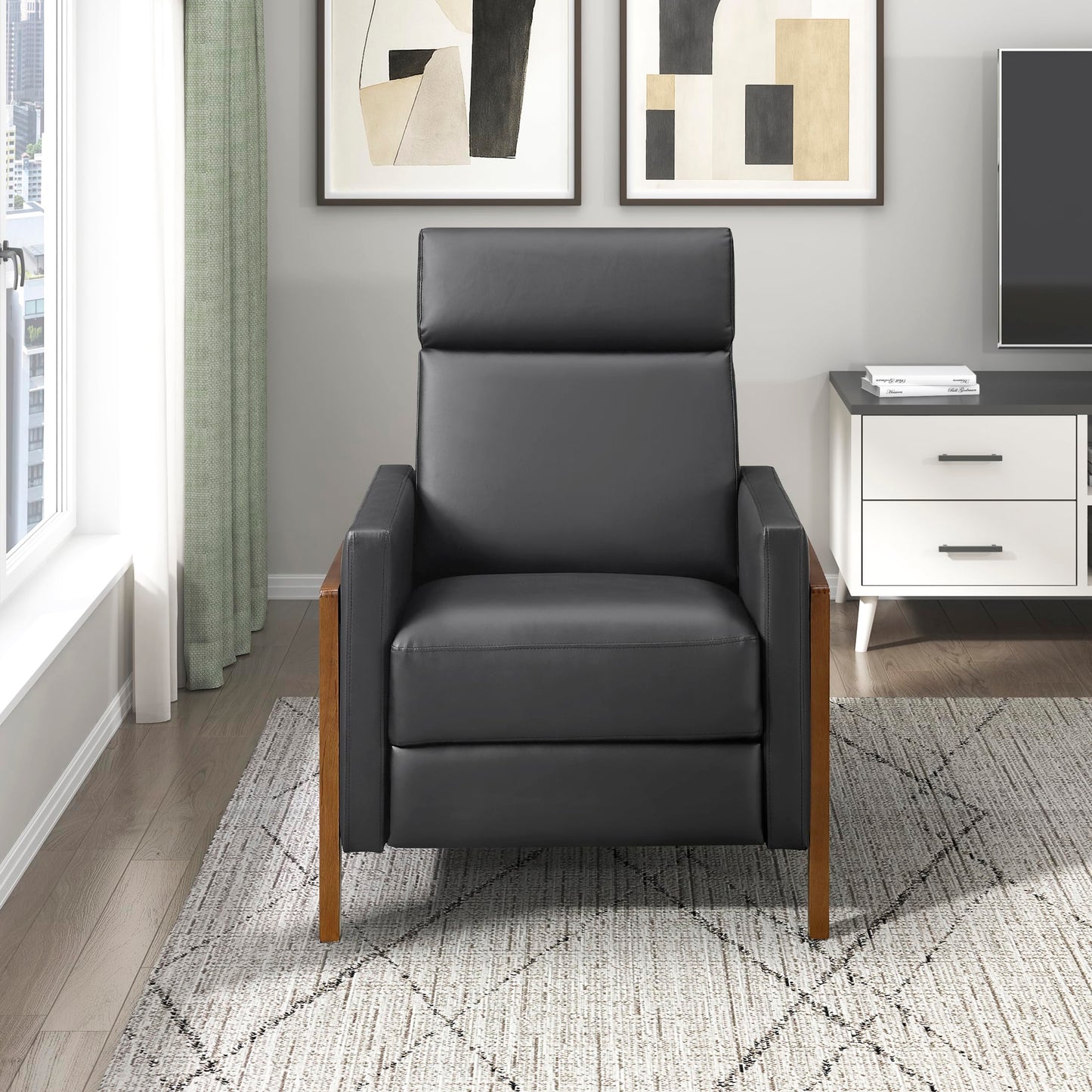 Lexicon Push Back Recliner Chair, Faux Leather Upholstered Reclining Chair with Footrest, Exposed Dark Brown Finish Wood Frame, Small Recliner for Small Space, Living Room, Bedroom, Black