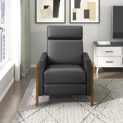 Lexicon Push Back Recliner Chair, Faux Leather Upholstered Reclining Chair with Footrest, Exposed Dark Brown Finish Wood Frame, Small Recliner for Small Space, Living Room, Bedroom, Black