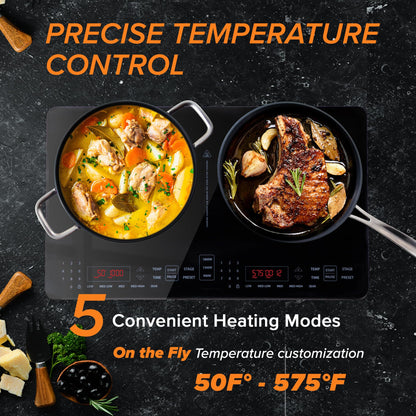 Nuwave Double Pro Cooktop Induction Countertop Burner, Portable, 900/1500/1800W with Dynamic Watt Technology, 50°F to 575°F, 8” Heating Coil, Shatter-Proof Ceramic Glass, Seamless IMD Touch Panel