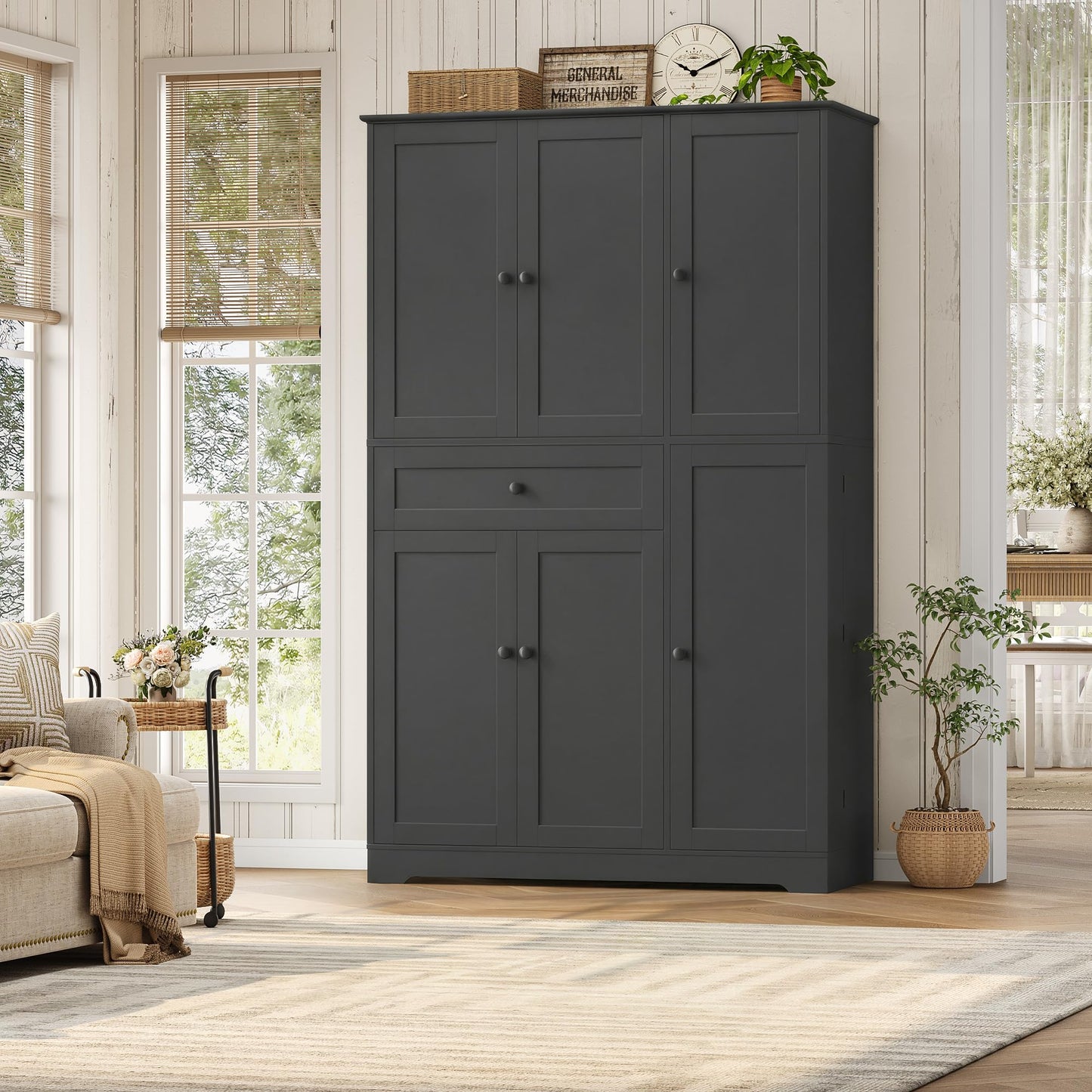 HOSTACK 68" Tall Kitchen Pantry Storage Cabinet, Modern Kitchen Hutch Cabinet with Doors and Shelves, Freestanding Food Pantry with Large Storage Drawer for Dining Room, Living Room, Black