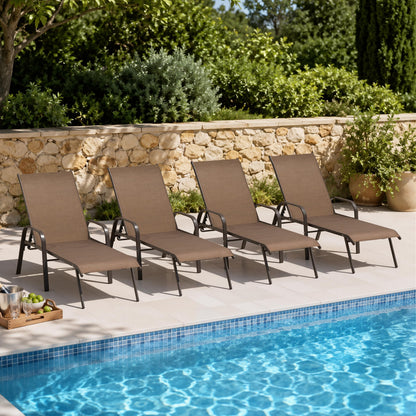 Crestlive Products Outdoor Chaise Lounge Chair, 5-Position Pool Lounge Chairs with Armrests Sunbathing Recliner for Patio, Beach, Deck, Yard (4PC Brown)