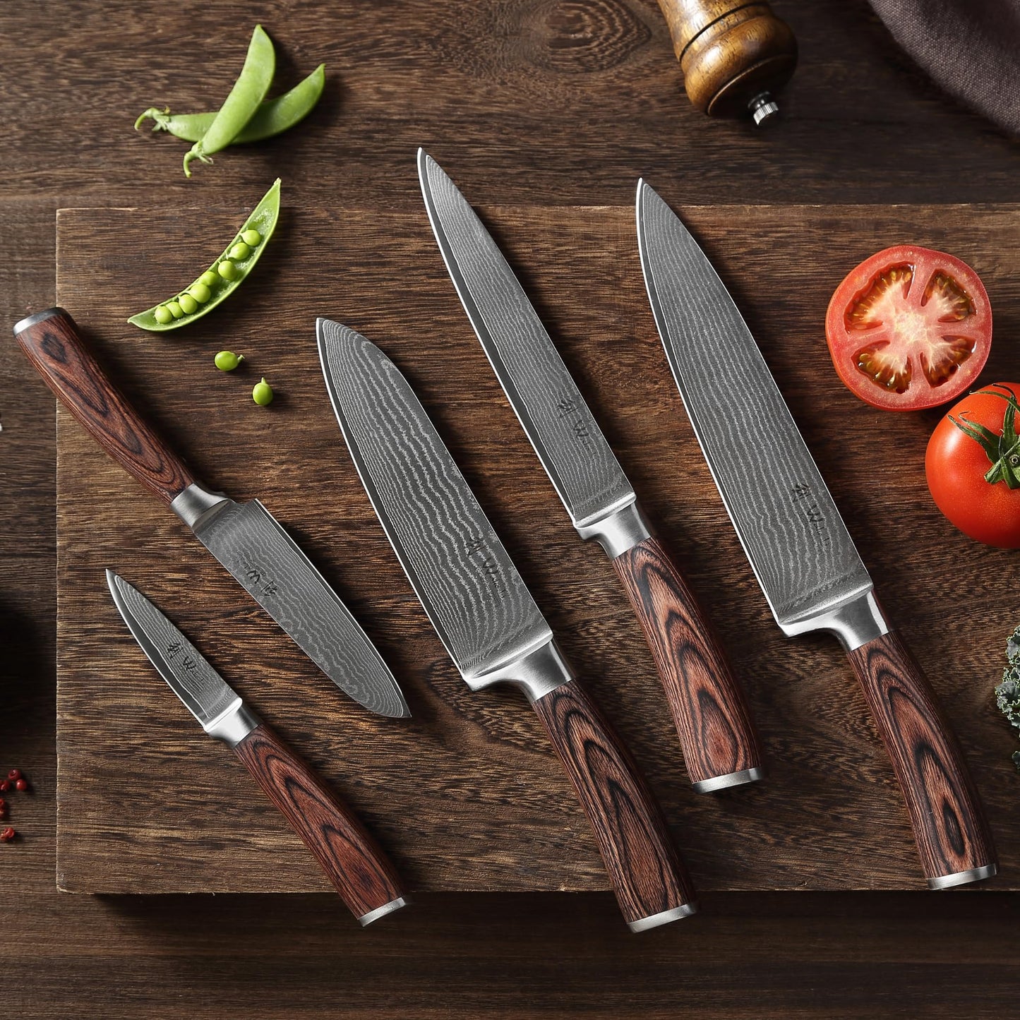 Wakoli EDIB 5-Piece Damascus Knife Set, Professional Kitchen Knives made of 67-Layer Damascus Steel with VG10 Core Blades, Ergonomic Pakkawood Handles, In Wooden Gift Box