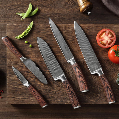Wakoli EDIB 5-Piece Damascus Knife Set, Professional Kitchen Knives made of 67-Layer Damascus Steel with VG10 Core Blades, Ergonomic Pakkawood Handles, In Wooden Gift Box