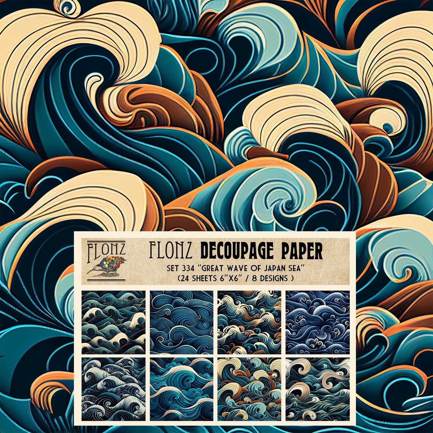 Decoupage Paper Pack (24 Sheets 6"x6") Great Wave of Japan Sea # Vintage Styled Pattern Paper for Decoupage, Craft and Scrapbooking