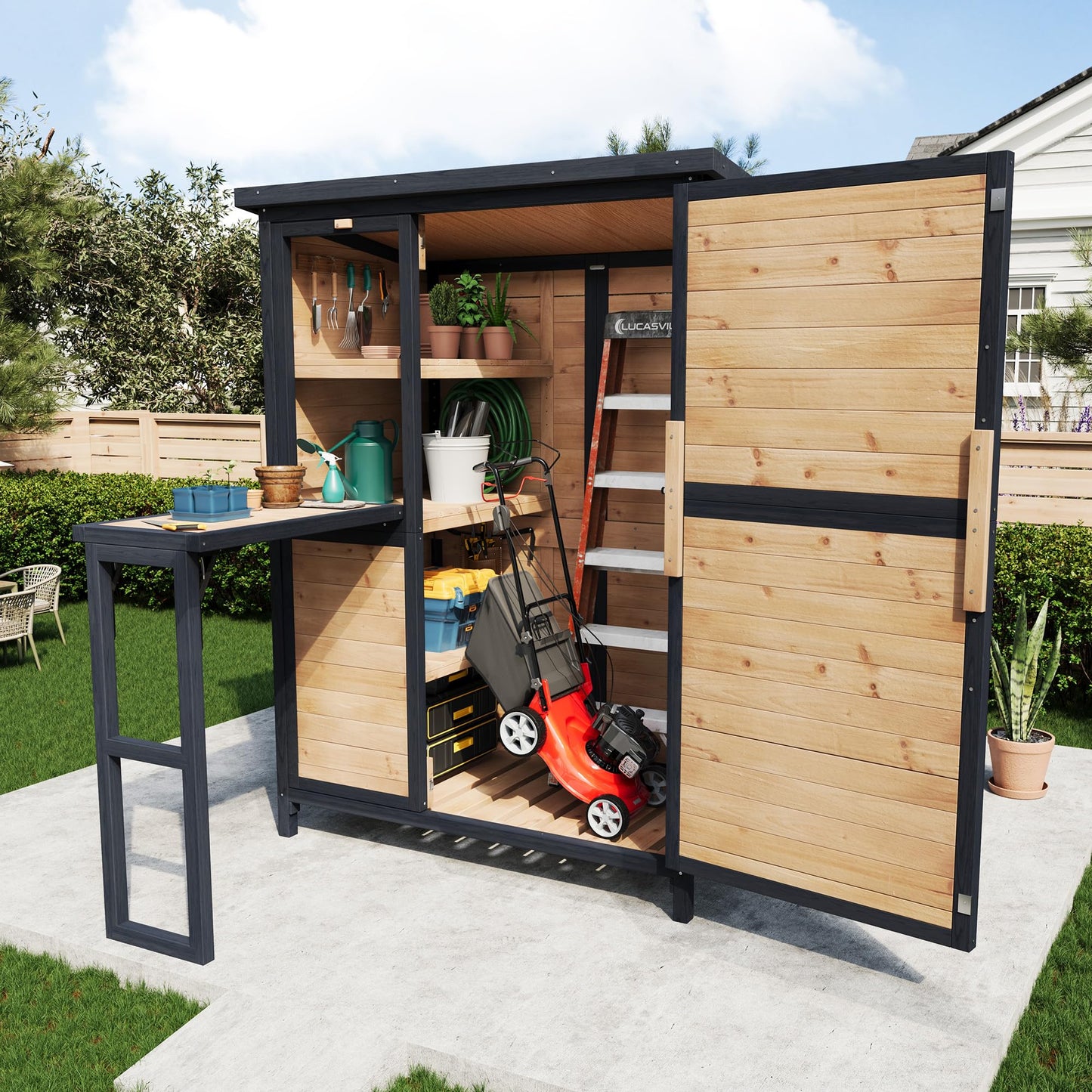 Jocisland Solid Fir Wood Outdoor Storage Shed,Garden Tool Shed with Foldable Workbench, Adjustable Shelves,Sloping Roof,Weatherproof Utility Cabinet for Backyard,Patio&Lawn, Poolside,2.05x3.8x5.25 FT