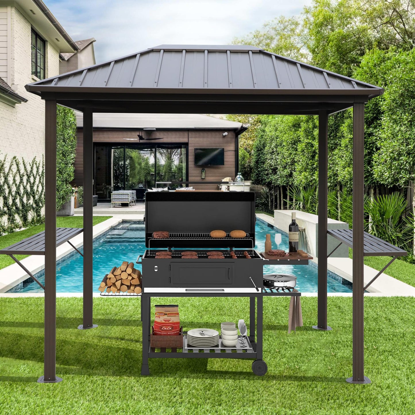 Grill Hardtop Gazebo Outdoor Metal Hard Top Gazebo, Permanent BBQ Gazebo with Galvanized Steel,Aluminum Framed Pavilion with Shelves for Patio Backyard Lawn Garden, Patio, Backyard Single Roof