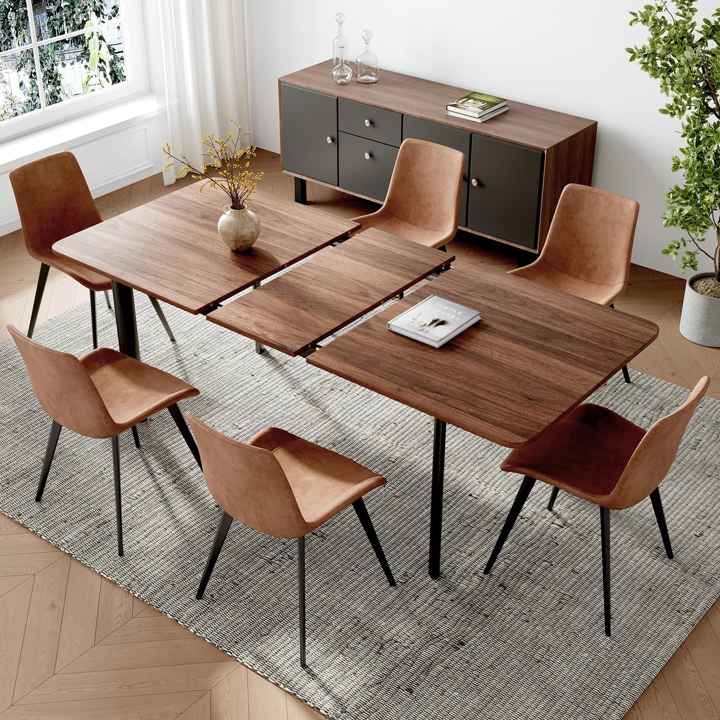 HIPIHOM 63"- 78.7" Extendable Dining Table Set for 6, 4-6 Person Modern Kitchen Table with 6 Brown Upholstered Dining Chairs, Thickened Expandable Wood Table Tops with Metal Bases, Walnut Dinner Table