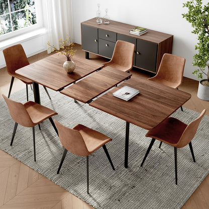 HIPIHOM 63"- 78.7" Extendable Dining Table Set for 6, 4-6 Person Modern Kitchen Table with 6 Brown Upholstered Dining Chairs, Thickened Expandable Wood Table Tops with Metal Bases, Walnut Dinner Table