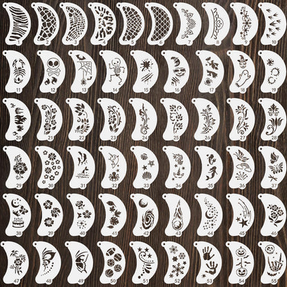 55 Pcs Face Paint Stencils, Reusable Face Painting Stencils Washable Body Makeup Art Tattoo Templates Flowers Animals Shapes Elements with Hanging Hole for Party Holiday Halloween, White Translucent