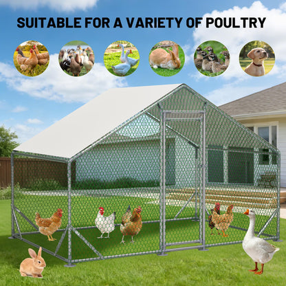 Metal Chicken Coop 26×10×6.56FT,Chicken Run Pen with Spire Roof,Water-Proof and UV-Proof Cover,Secure Mesh Walk-in Hens Fence with Lockable Door,Poultry Cage for Small Animal Like Hens,Ducks,Rabbits