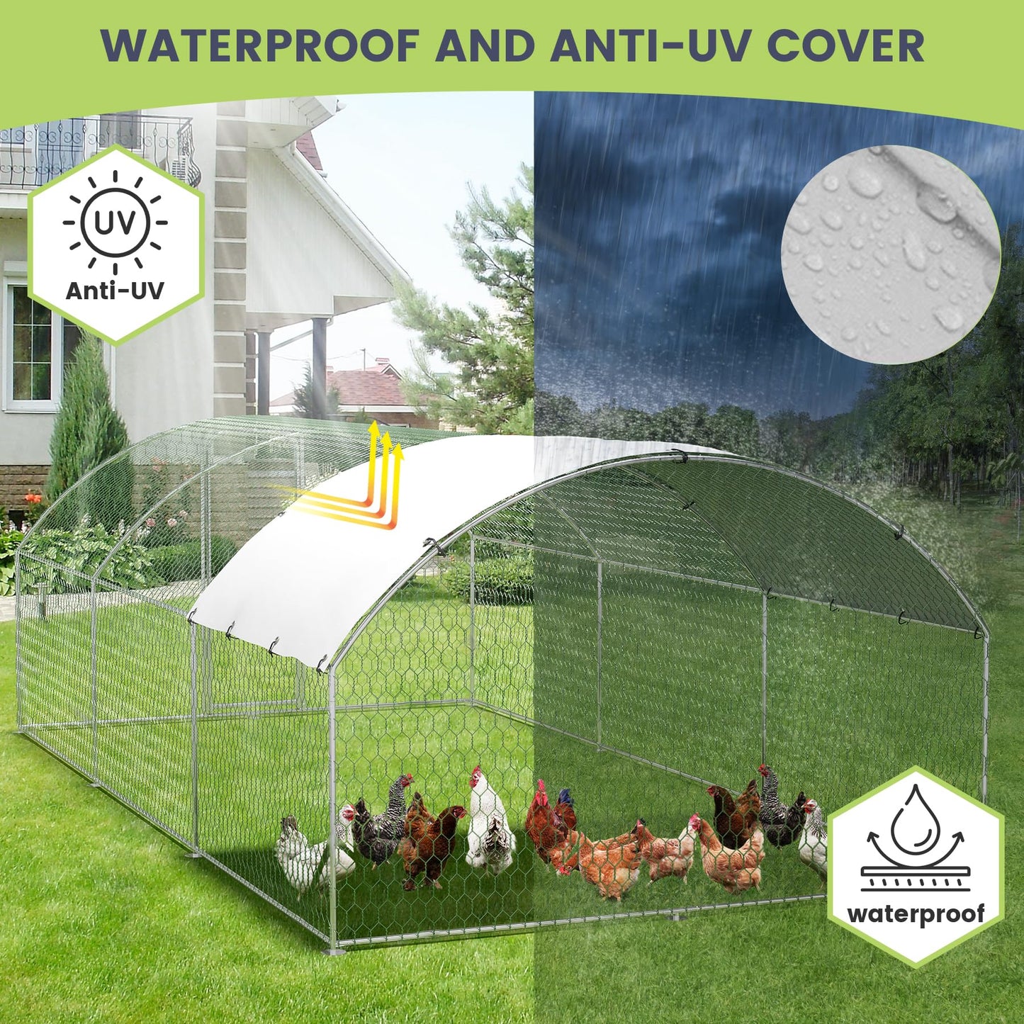 9.8'x13.1'x6.5' Large Metal Chicken Coop Walk-in Poultry Cage, Outdoor with Waterproof Anti-UV Cover & Galvanized Frame, Chicken Run for Backyard Farm, Ducks, Rabbits