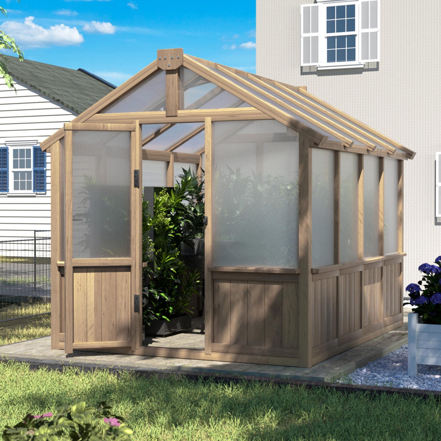 Yardenaler 6x8 FT Greenhouse Kit for Outdoor, 6MM Thick Polycarbonate Panel Wooden Walk-in Green House with Lockable Door and Adjustable Roof Vent, Backyard Garden, Light Mocha Brown