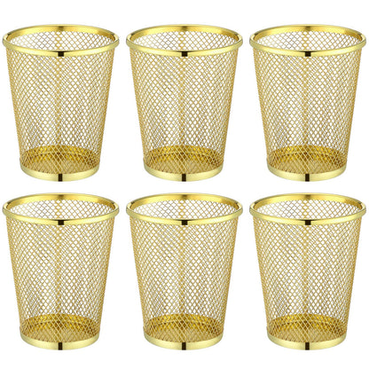 Poola Voidra 6 Pcs Gold Mesh Pen Holders Bulk Metal Pencil Makeup Brushes Cups Back to School Supplies Round Golden Organizer Golden for Desk Home Office Classroom Students Teachers Staff