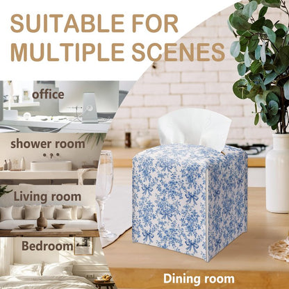 Blue Chinoiserie Bow Tissue Box Cover, Tissue Box Cover Square, Gifts for Women Men Friends, Decorative Facial Paper Case for Home Office Bathroom Vanity Countertop-A09