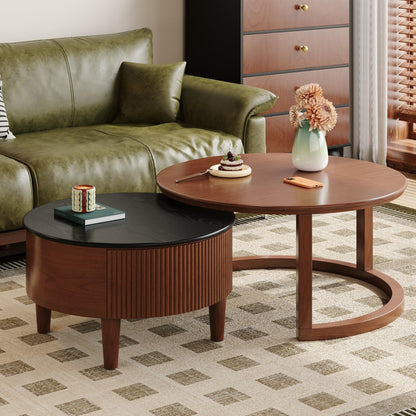 Merax 31.5'' Vintage Round Nesting Wood Coffee Table Set, 2-Tier with Drawer & Storage, Two-Tone Finish Fluted Design for Living Room Apartment, Walnut+Black