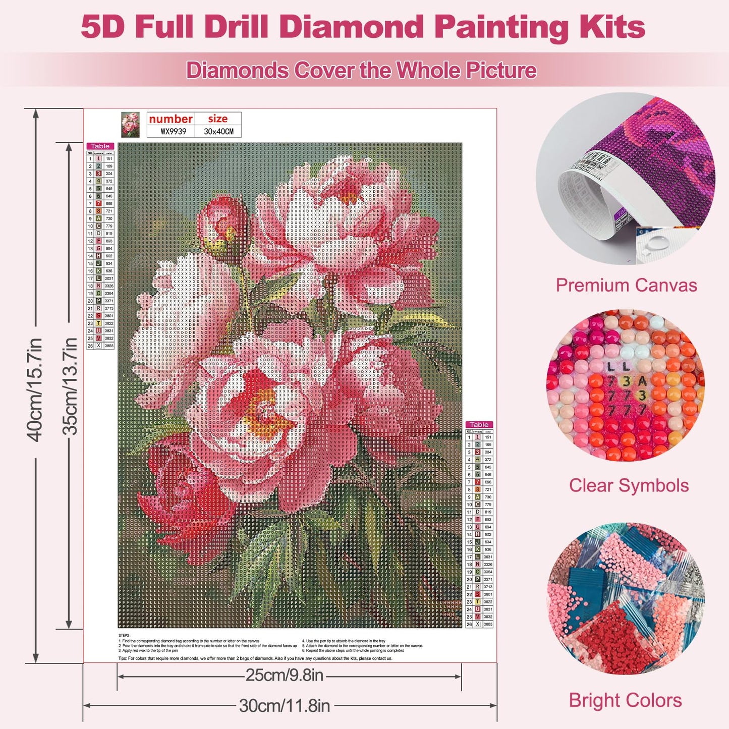 MEIYUDA Flowers Diamond Painting Kits for Adults, 5D Peony Diamond Art Kits for Adult Beginners, Flowers DIY Full Diamond Art Painting Kit for Home Wall Decor Gift 12x16inch
