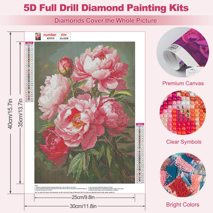 MEIYUDA Flowers Diamond Painting Kits for Adults, 5D Peony Diamond Art Kits for Adult Beginners, Flowers DIY Full Diamond Art Painting Kit for Home Wall Decor Gift 12x16inch