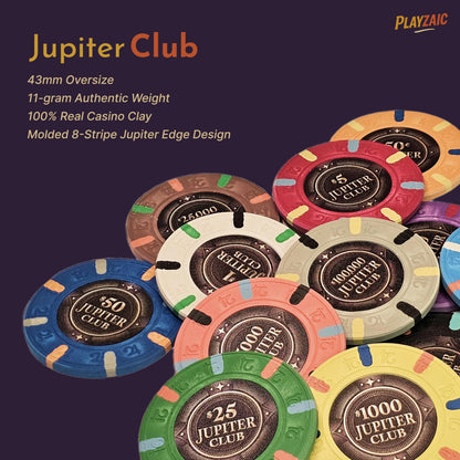 Playzaic 500-count Jupiter Club 43mm Oversize Casino Clay Poker Chip Set | 11-gram XL Chips in Locking Protective Case | 100% Clay Luxury Feel for Home Cash Games & High Stakes Tournaments
