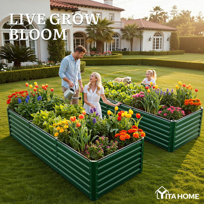 YITAHOME 4pcs 8x4x2 ft Galvanized Raised Garden Bed Kit, Large Metal Planter Box with Gloves, Safety Rubber & Support Rod, Outdoor Flower Bed for Plants Vegetables, Green