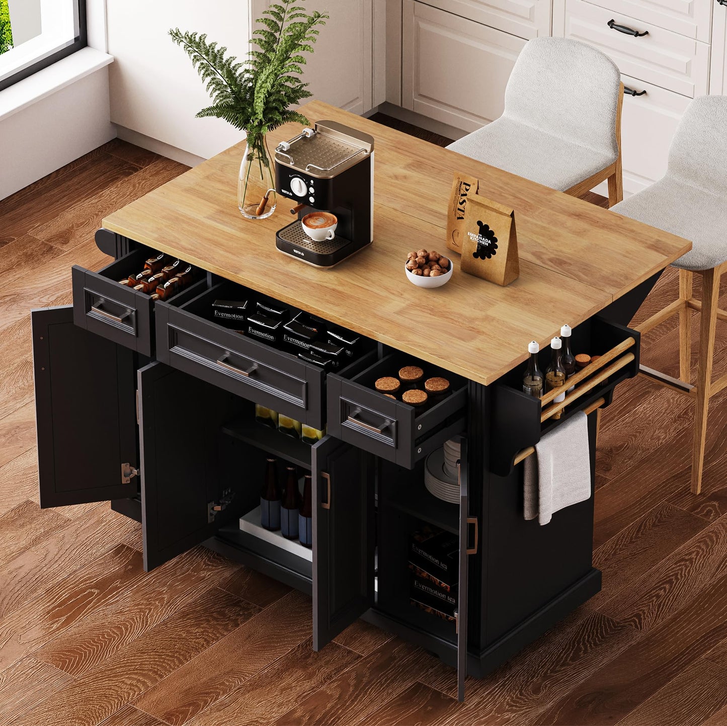 Ball & Cast Large Kitchen Island with Rubber Wood Drop Leaf,Embossed Texture Rolling Kitchen Cart On 4 Wheels W/4 Doors & 3 Drawers,Mobile Kitchen Islands W/ Storage for Kitchen,Dining Room,Black,54"