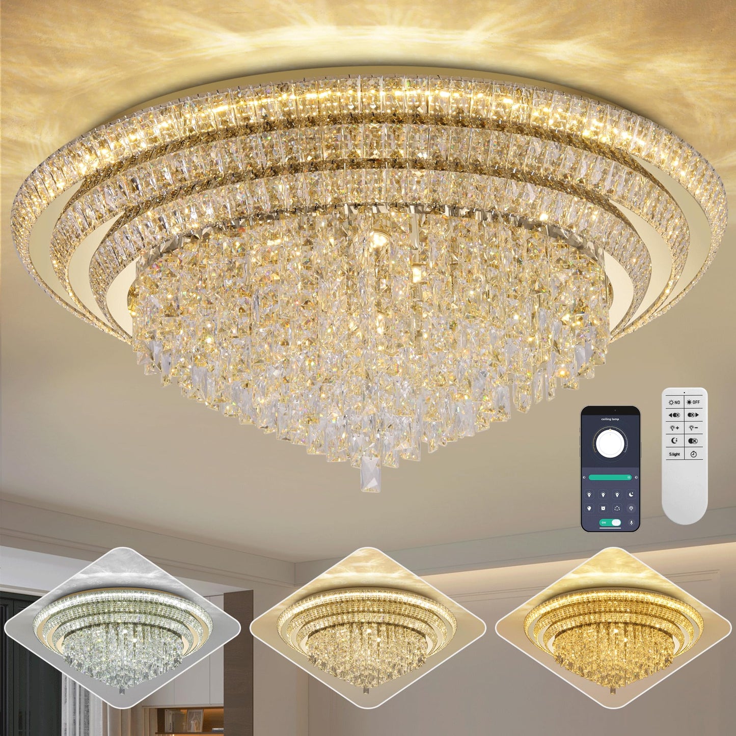 40 inch Flush Mount Crystal Chandeliers with Remote and APP Gold, Modern Elegant LED Crystal Raindrop Ceiling Light Fixture, 3CCT Dimmable, for Living Room Kitchen Island Bedroom Entryway Foyer