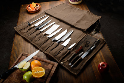EVERPRIDE Waxed Canvas and Leather Chef Knife Roll Bag – Chef Bag Holds 10 Knives up to 15” PLUS Pocket for Cooking Accessories – Durable Knife Case for Professional Chefs – Knives Not Included
