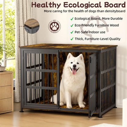 CABZOON 42'' Dog Crate Furniture Large Breed Dog Crate Dog Kennels for Inside Wooden Dog Crates End Table Heavy Duty Indoor Combination Cage for Medium to Large Dogs Walnut