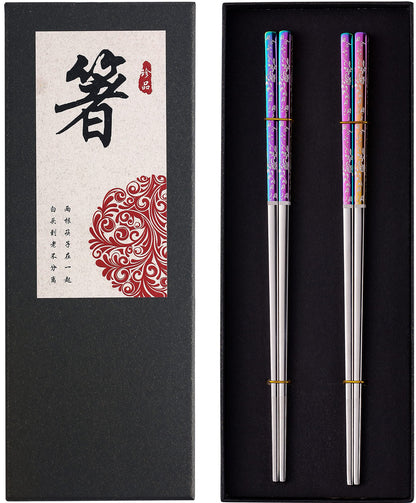 Metal Chopsticks Reusable Dazzling Rainbow Stainless Steel Chopsticks Titanium Plated Dishwasher Safe Fancy Laser Engraved Korean Japanese Chop Sticks Multicolor 2 Pairs Gift Set