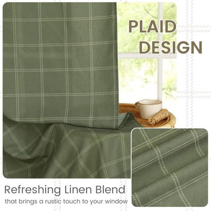 NICETOWN Linen Plaid Curtains Gingham Window Panels Moss Green Check Tartan Light Filtering Curtains for Living Room Bedroom, Rod Pocket Back Tab, 2 Panels, 52 inch Wide x 84 inch Long