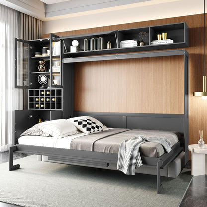 Merax Queen Size Murphy Bed Wall Bed with Sofa, Shelves, USB & Light - Space Saving Foldable Bed for Small Apartments, Grey