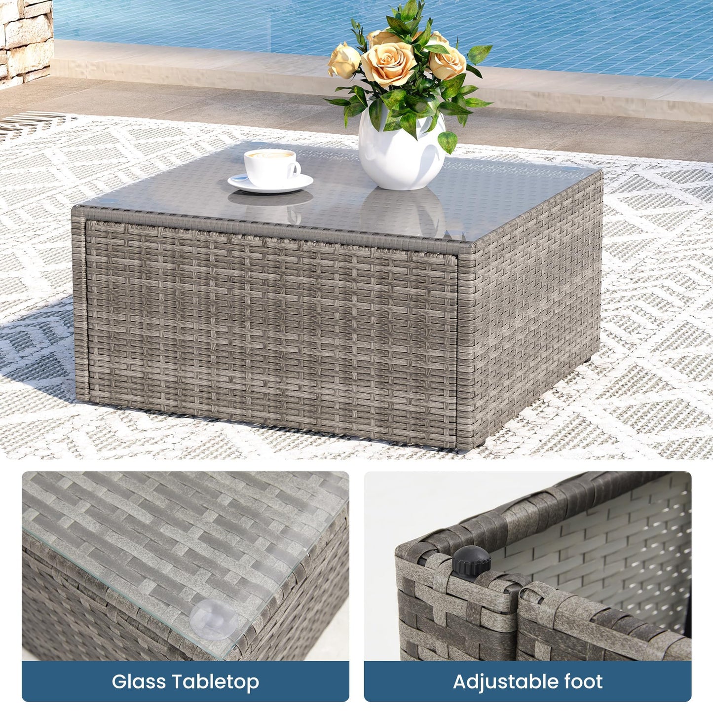 8 Pieces Outdoor Patio Furniture Set with 43" Fire Pit Table, Wicker Outdoor Patio Sectional Sofas with Cushions and Coffee Table, All-Weather Patio Conversation Set for Garden Backyard, Light Blue