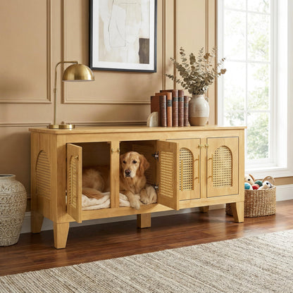 Christopher Knight Home Concun Large Dog Crate Furniture with Breathable Rattan Doors, Rubber Wood Kennel Indoor, Heavy Duty Dog Crate, Multifunctional 2-in-1 Living Room Storage Cabinet, Natural
