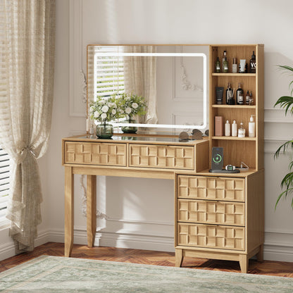 MALOL Vanity Desk, Checkerboard Wooden 50" Dressing Table with 5 Drawers & 4 Storage Shelves, Large Glass Top Makeup Vanity with Built-in Power Strip with USB & Type-C, Natual Wood