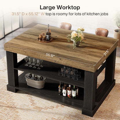 Tribesigns Kitchen Island with 3 Shelves, 55 Inches Width Kitchen Shelf with Large Worktop, Stable Wooden Structure, Farmhouse Style, Easy to Assemble, Black and Brown