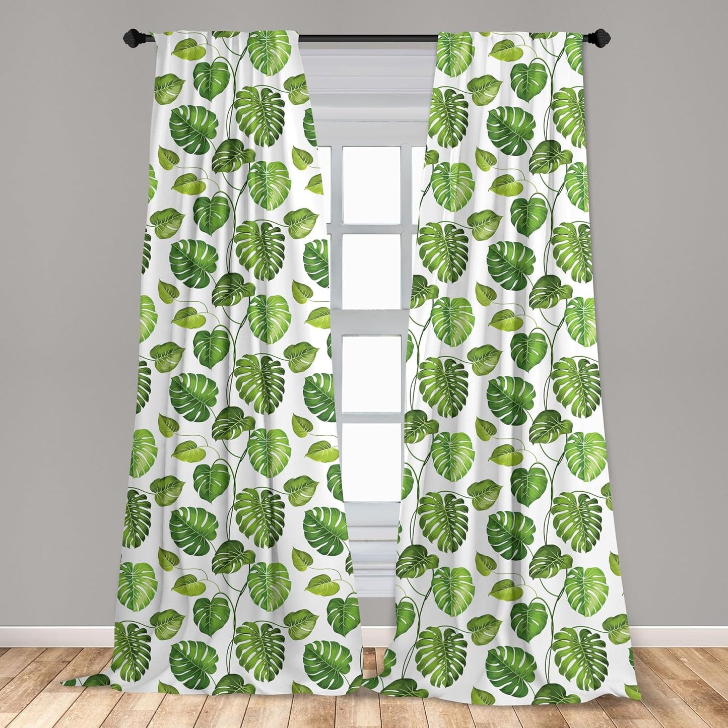 Lunarable Leaf Window Curtains, Tropical Jungle Rainforest Leaves Art Print, 2-Panel Set, 28" x 63", Green White
