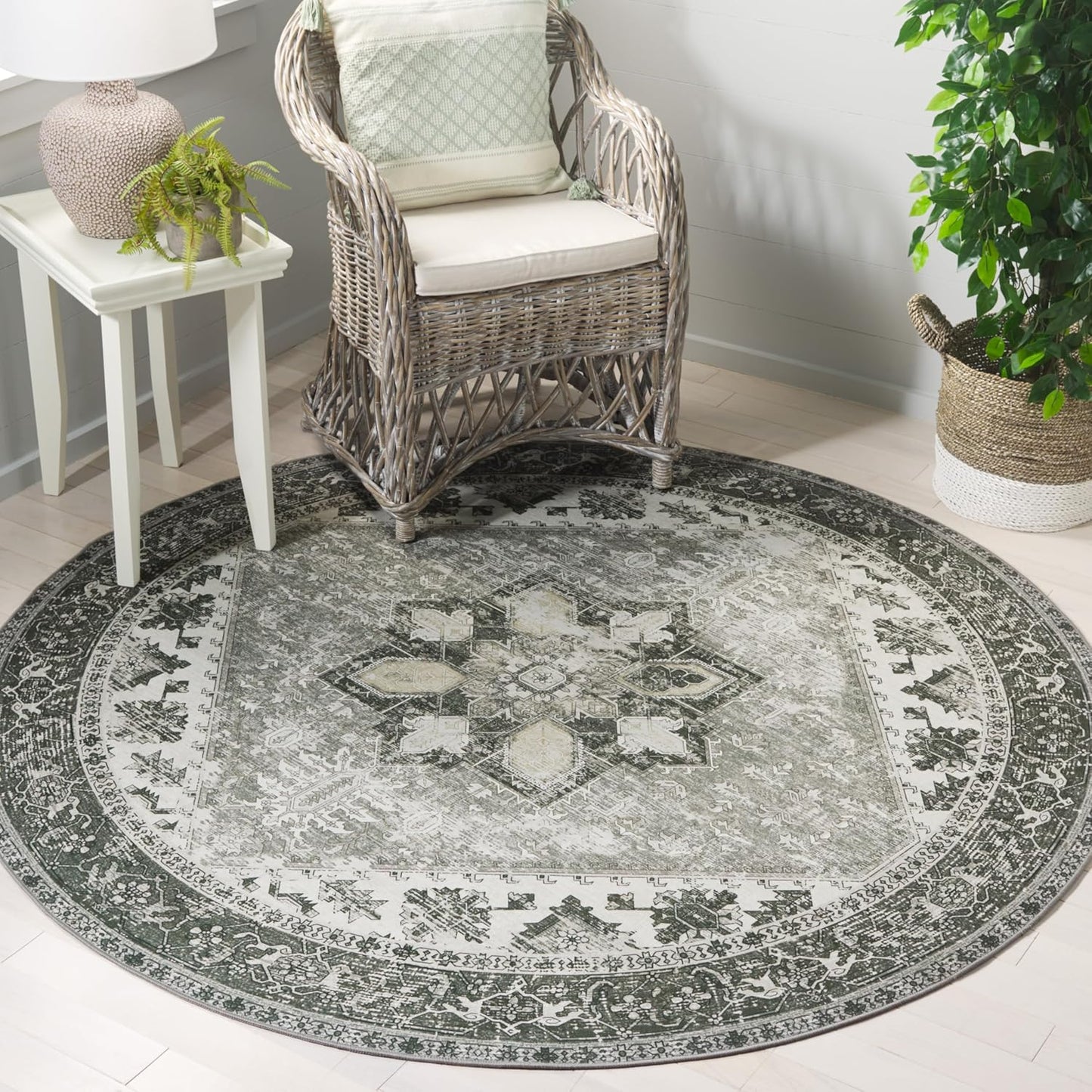 3' (TSN102F) SAFAVIEH Washable Rug Tucson Collection - Round, Dark Sage & Ivory, Slip Resistant & Easy to Clean, Ideal