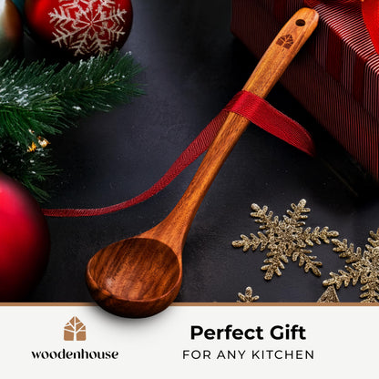 Wooden Ladle for Cooking, Soup Spoon Ladle – Teak Wooden Serving Spoon, 12.4″ Handle, Medium Scoop Size 2 oz – Eco Friendly, Natural and Sustainable