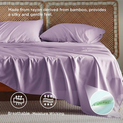 Bedsure Queen Sheet Set - Cooling Rayon Bamboo Sheets | Breathable & Soft, Deep Pocket Up to 16 Inches, Lilac