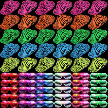 60 Set Party Hats Glasses Including 30 Neon Animal Print Plastic Hats and 30 Flashing LED Light up Glasses for Adult Birthday Bachelorette Party Props