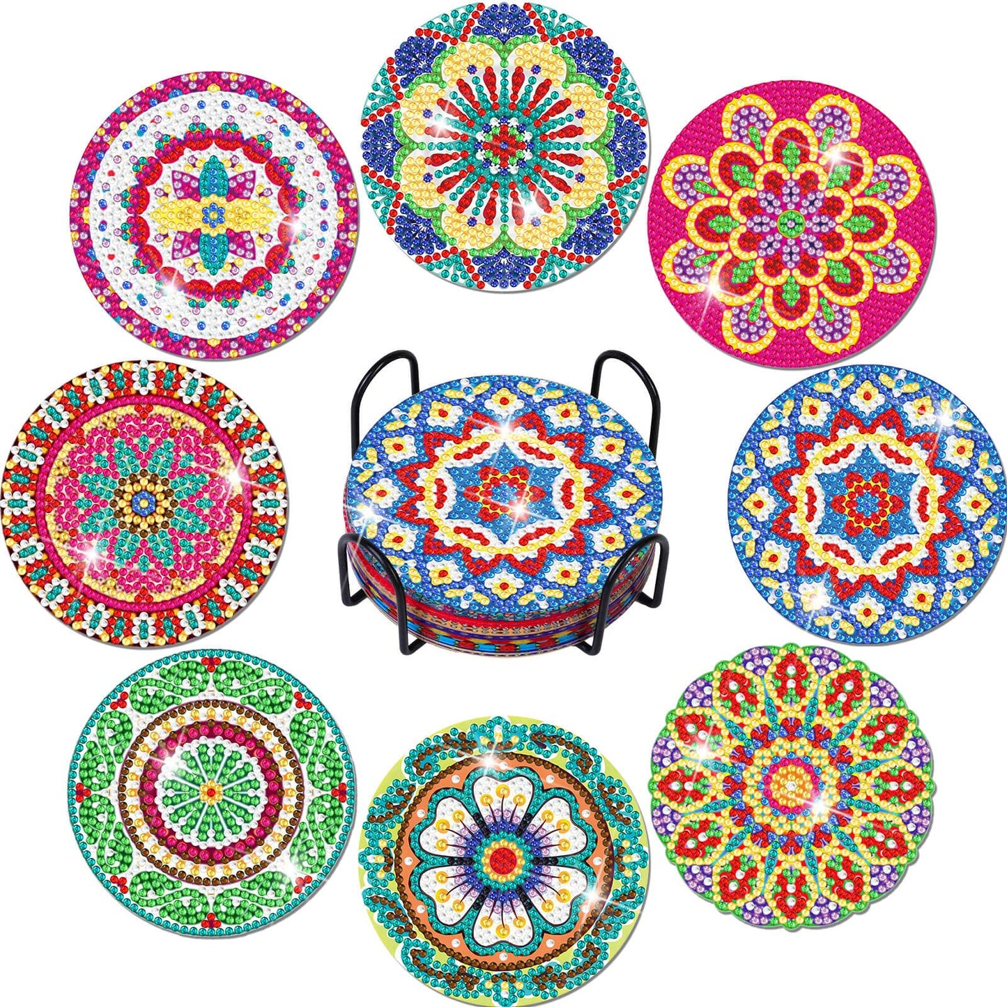 Billbotk 8 Pieces Diamond Painting Coasters Kit with Holder, Diamond Art Coasters, Arts and Crafts for Adults, Small Diamond Craft Kits for Beginners