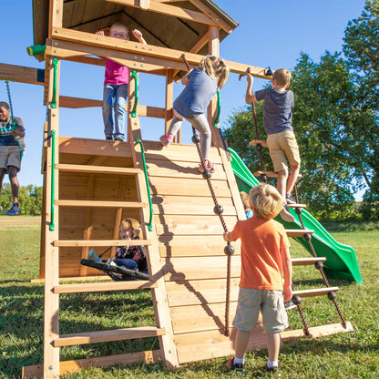 Backyard Discovery Endeavor All Cedar Wood Swing Set Playset for Backyard with Large Clubhouse Wave Slide Rope Ladder Rock Climbing Wall Wave Slide 2 Belt Swings and 1 Web Swing Gift for Ages 3-10