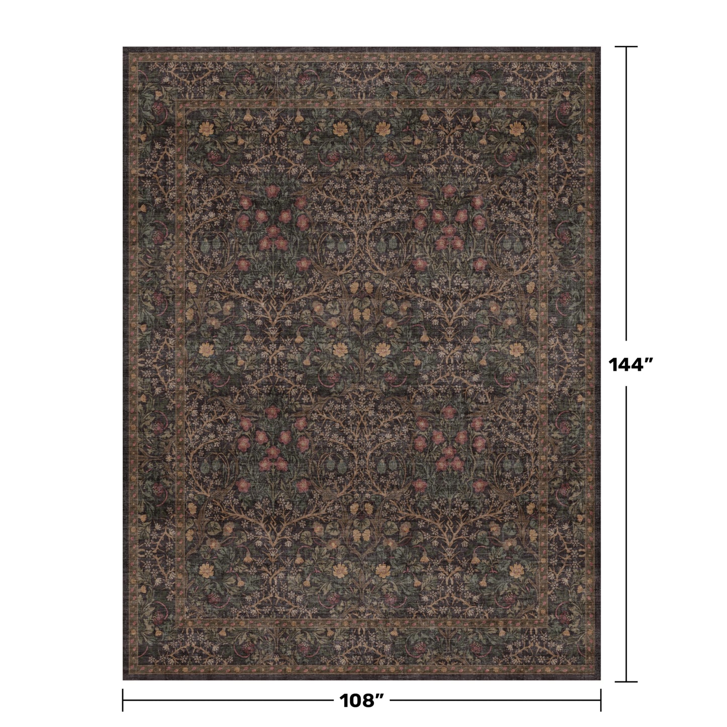 Washable Area Rugs 9x12 Living Room - Dark Brown Large Rug for Dining Room Under Table, Bedroom, Soft Low Pile Non-Slip Stain Resistant Carpet - Vintage Floral Plant Design