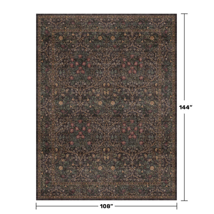 Washable Area Rugs 9x12 Living Room - Dark Brown Large Rug for Dining Room Under Table, Bedroom, Soft Low Pile Non-Slip Stain Resistant Carpet - Vintage Floral Plant Design