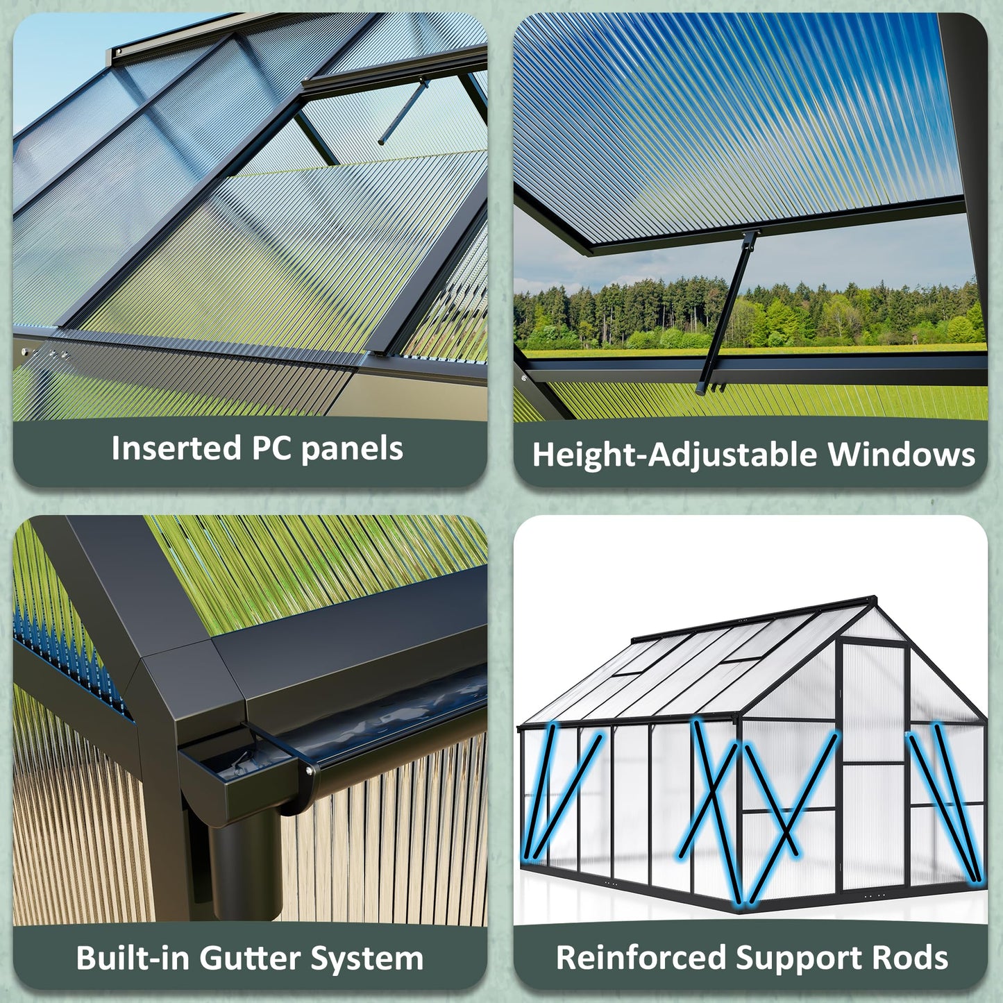 AirWire 8x10 FT Greenhouse for Outdoors, Quick Setup Polycarbonate Green House with Roof Vent, Aluminum Large Walk-in Greenhouse for Outside Garden Backyard, Black